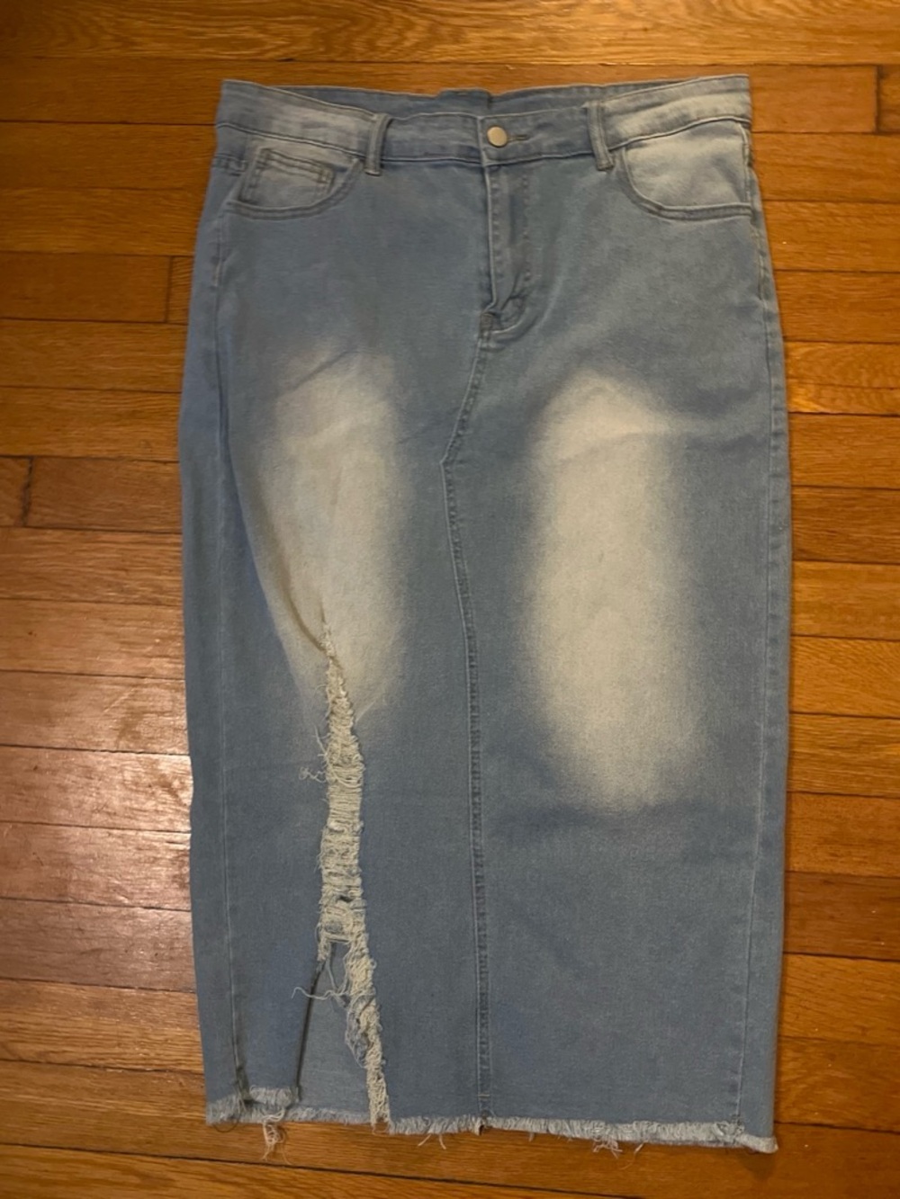 Amazon Light Blue Distressed Denim Midi Skirt